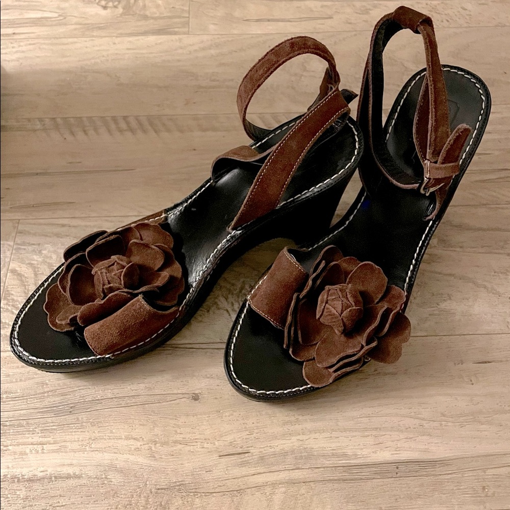 Coach Suede leather flower wedge sandals
